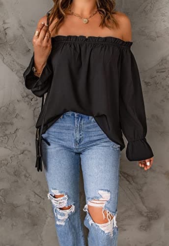 Spriolim Womens Off Shoulder Sexy Fashion Tops Casual Long Sleeve Chiffon Shirt Blouses Black, Large - Image 3