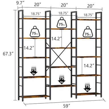 Shintenchi Triple 5 Tier Bookshelf, Industrial Large Bookcase with 14 Open Display Shelves, Large Etagere Bookshelf,Wide Book Shelf Book Case for Home & Office, Rustic Brown - Image 2