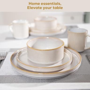 Romswi Dinnerware Set for 4, 16Pcs Stoneware Plates and Bowls Sets with Mugs, Chip & Scratch Resistant Dish Set, Handmade Reactive Glaze Plate Set, Oven,Microwave and Dishwasher Safe, Cappuccino White - Image 4