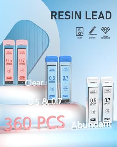 Four Candies Mechanical Pencil Set with Case, 6PCS Aesthetic Mechanical Pencils 0.5 & 0.7mm with 360PCS HB Lead Refills, 3PCS Erasers, 9PCS Eraser Refills for writing, drawing and sketching - Image 5