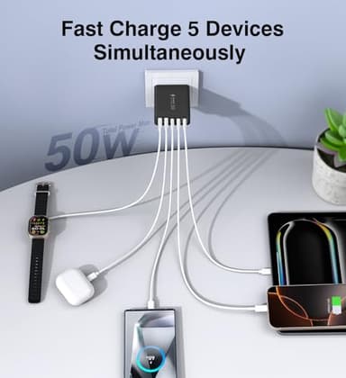 USB C Charger Block, [2-Pack] 50W 5-Port Fast Charger 20W Type C Charging Block 3.1A USB Wall Charger Dual Port PD+QC Charging Cube for iPhone 16 15 14 13 12 11 Pro Max XS, iPad, Samsung, Black - Image 4