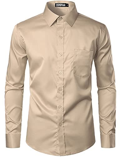 ZEROYAA Men's Urban Stylish Casual Business Slim Fit Long Sleeve Button Up Dress Shirt with Pocket ZLCL29 Khaki Medium - Image 4