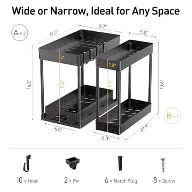 Delamu 3 Pack Under Sink Organizers and Storage, 2 Tier Black Bathroom Cabinet Organizer, Multi-Use Kitchen Bathroom Organizers and Storage, Under Counter Organizer with Hooks - Image 5