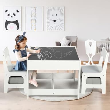 Kinder King Kids Wood Table & 2 Chairs Set, 3 in 1 Children Activity Table w/Storage, Removable Tabletop, Blackboard, 3-Piece Toddler Furniture Set for Art, Crafts, Drawing, Reading, Playroom, Grey - Image 8