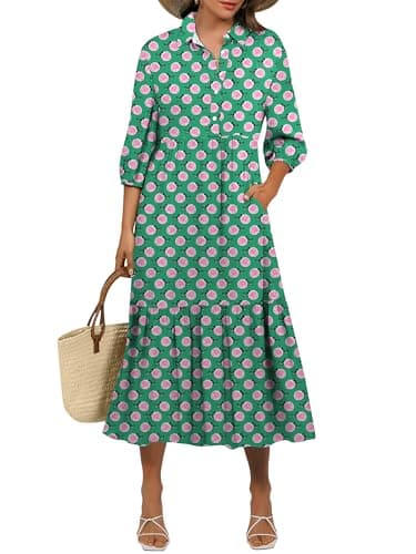ANRABESS Women Summer Dress 2025 3/4 Puff Sleeve Polo V Neck Floral Print Casual Boho Shirt Maxi Dress Beach Vacation Clothes Floral Green X-Large - Image 1