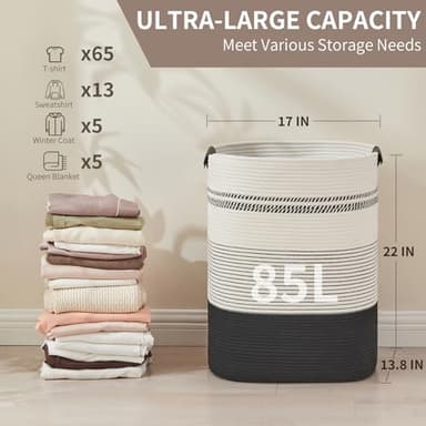 AINUOQI Laundry Basket with Handles - Blanket Basket & Hampers for Bedroom Aesthetic, Laundry Hamper & Blanket Storage for Living Room, Clothes Hamper, Tall, Large 17" x 14" x 22”, Black & White - Image 2