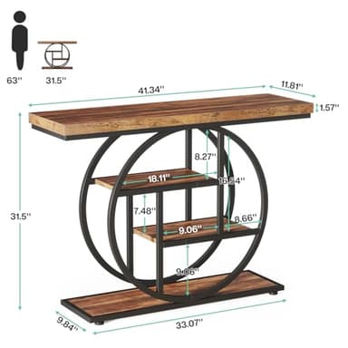 Tribesigns 41.3" Console Table, Industrial 4-Tier Sofa Table Entryway Table with Circle Base, Narrow Wood Accent Tables with Storage Shelves for Living Room, Hallway, Foyer, Rustic Brown - Image 2