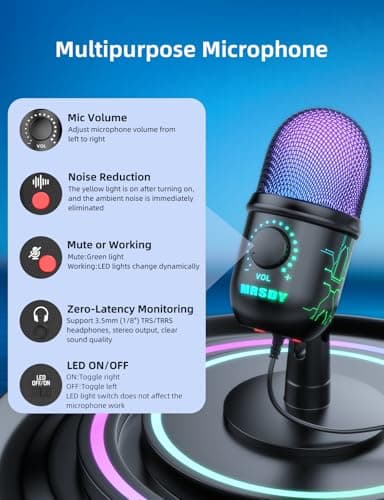MRSDY Gaming Microphone, USB Computer Microphone for PC, Mac, PS4/5, Condenser Podcast Mic for Studio Recording, YouTube, Streaming, with Headphone Jack, Led Light, Mute, Gain, Noise Cancellation - Image 4