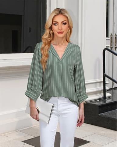 Unixseque Business Casual Tops for Women: Work Attire for Office - Spring Blouses for Women 2025 - Dress Shirts for Women 3/4 Sleeve Professional Formal Tops Dressy Ladies Tops Elegant Green Stripe M - Image 5