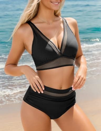 Suvimuga Womens High Waisted Bikini Sets Tummy Control Bathing Suits Mesh V Neck Full Coverage Two Piece Swimsuits Black M - Image 2
