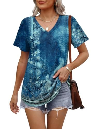 OFEEFAN Womens Tops Dressy Casual V Neck Short Sleeve Cute Tie Dye Plus Size T Shirts 2025 Summer Flowy Basic Tees Beach Vacation Outfits for Women Clothes Blue 3XL - Image 2