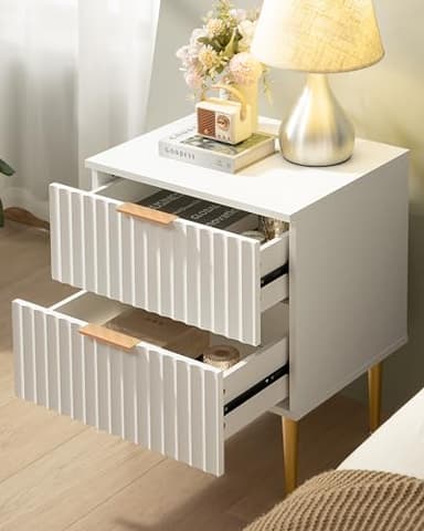 SICOTAS White Night Stand Set 2, Fluted Glossy Nightstand with 2 Drawers, Wide Modern Storage Bedside Table for Bedroom, End Side Table with Golden Metal Legs and Handles (White, 2 Pieces) - Image 8