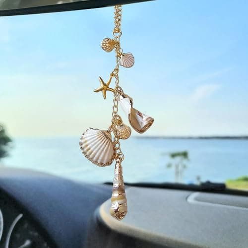 Sea Shells Car Decor,Cute Coastal Hanging Charm for Rear View Mirror, Boho Beach Themed Car Accessories,Hand-Made Starfish Conchas Aesthetic Ornament Pendant for Women - Image 1