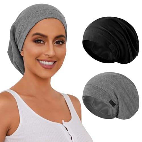 ZHENSILK Silk Satin Bonnet Satin Lined Sleep Cap Hair Wrap for Sleeping Hair Cover Slouchy Beanie Hat for Women Men 2PCS(Black&Grey) - Image 1