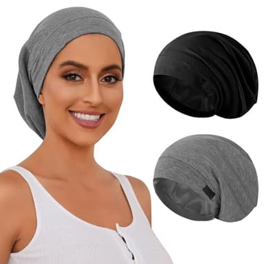 ZHENSILK Silk Satin Bonnet Satin Lined Sleep Cap Hair Wrap for Sleeping Hair Cover Slouchy Beanie Hat for Women Men 2PCS(Black&Grey) - Image 1