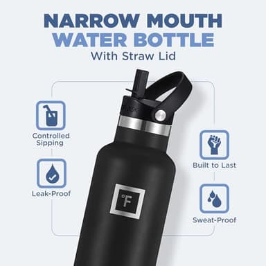 IRON °FLASK Camping & Hiking Hydration Canteens - 3 Lids (Narrow Straw Lid) Leak Proof Vacuum Insulated Stainless Steel - Hot & Cold Double Walled Sports Water Bottle - Black Marquina, 24 Oz - Image 2