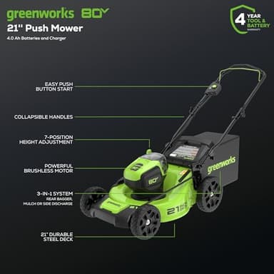 Greenworks 80V 21" Brushless Cordless (Push) Lawn Mower (75+ Compatible Tools), 4.0Ah Battery and 60 Minute Rapid Charger Included - Image 2