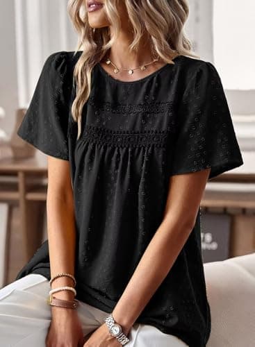 Falechay Spring Womens Tops Dressy Casual Crewneck Womens Lace Crochet Tunic Tops Short Sleeve Short Sleeve Shirts Black Blouses for Women Plus Size XL - Image 2