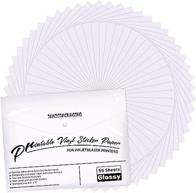 JANDJPACKAGING Premium Printable Vinyl Sticker Paper - for Inkjet and Laser Printer - 55 Pack Glossy White Waterproof Inkjet Printable Vinyl - Dries Quickly and Holds Ink Beautifully - Image 7