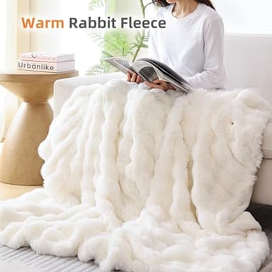 Smoofy Faux Fur Throw Blanket for Couch – Cream White Fluffy Cozy Rabbit Fleece, Plush Soft Bubble Blanket for Sofa & Bed, for Mom, Warm Fuzzy Home Room Decor Throw 50" x 60" - Image 5