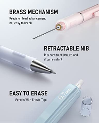 Nicpro 6PCS Pastel Mechanical Pencil Set, Cute Mechanical Pencils 0.5 mm & 0.7 mm & 0.9 mm with 360PCS HB Lead Refills, Eraser, Eraser Refill for Student Writing Drawing Sketching Drafting with Case - Image 6