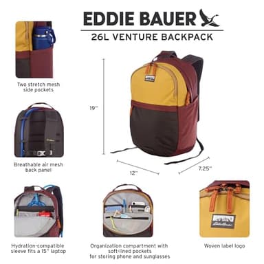 Eddie Bauer 26L Venture Backpack, Hydration and Laptop Compatible Daypack, Redwood and Antique Gold - Image 3