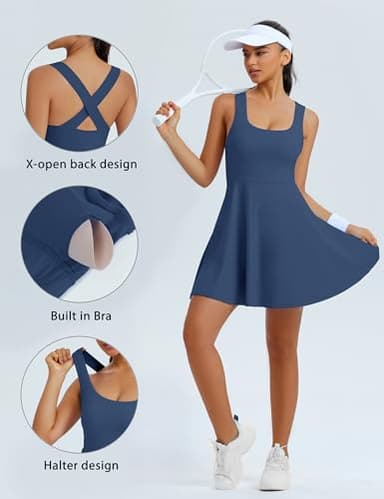 TQD Women's Athletic Tennis Dress with Built in Shorts and Bra Square Neck Exercise Workout Active Sport Dress with Shorts Underneath and Pockets Golf Dresses Outfits for Women Trendy 2025 Navy M - Image 4