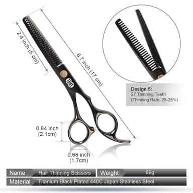 CIICII Hair Cutting Scissors Shears Kit, Professional Hairdressing Scissors Set (Hair Beard Trimming Shaping Grooming Thinning Shears) for Men Women Hairdresser Home Salon Barber Haircut Kit (Black) - Image 3