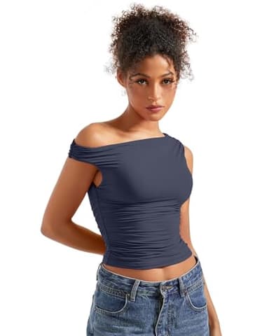 SUUKSESS Women Off Shoulder Tops Sleeveless Shirts Y2K Trendy Going Out Crop Tank Top (Navy Blue,XS) - Image 4