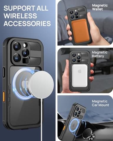 Lanhiem Magnetic for iPhone 16 Pro Max Case, IP68 Waterproof Dustproof Case, [Compatible with Magsafe] [Built-in Screen Protector] Full Body Heavy Duty Rugged Phone Cover 6.9 inch, Black/Clear - Image 4