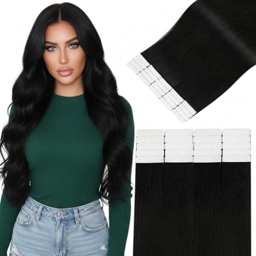 Easyouth Tape in Hair Extensions Black Human Hair Tape in Extensions Jet Black Lightweight Hair Extension Real Human Hair Tapes in 20 Inch 50g 20Pcs - Image 1