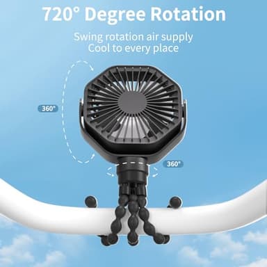 Lerat Portable Stroller Fan With Flexible Tripod, 3 Speeds Rechargeable Handheld Personal Fan, 360 Rotate Battery Operated Clip On Fans for Car Seat Crib Bike Treadmill Black - Image 2
