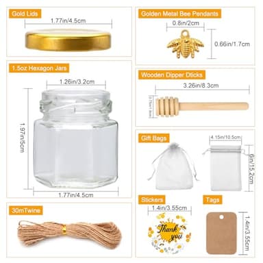 XING-RUIYANG 60 pack 1.5 oz Mini Honey Jars，baby shower favors,There's honey sticks, bee pendants, stickers and gold goodie bags，Suitable for wedding party gifts - Image 2