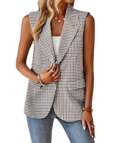 Mina Self Fall Vest Blazer For Women Plaid Houndstooth Tan Oversize Tops Jacket Business Casual Womens Work Outfits Clothes Top Vests Blazers KG L - Image 3