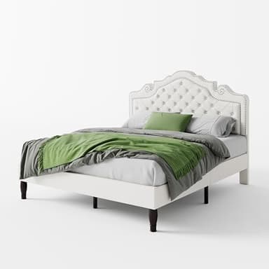 SHA CERLIN Queen Size Bed Frame with Adjustable Headboard/Velvet Upholstered/Diamond Button Tufted and Metal Studs/No Box Spring Needed/Sturdy Wood Slat Support/Easy Assembly/White - Image 9
