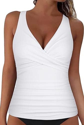 Hilor Supportive Swimsuits with Built in Bra Underwire Tankini Tops for Women Swimwear Top Tummy Control Bathing Suit White 16 - Image 2