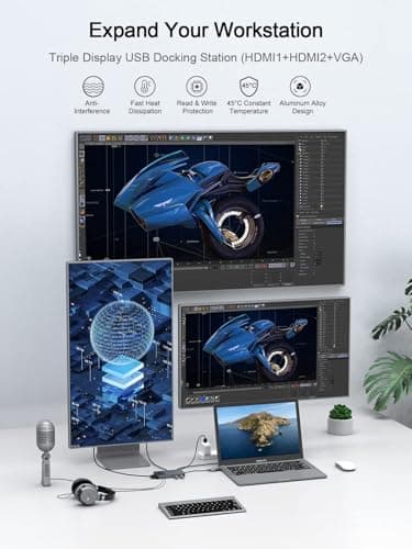QGeeM USB 3.0 Laptop Docking Station, Triple Display USB Hub Hdmi Splitter Extender Dual Monitor,USB Dock with 2 HDMI, VGA, USB 3.0, Card Reder Compatible for MacBook M1 M2 M3 M4 Dell HP Lenovo Mac OS - Image 3