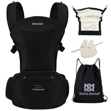 Bebamour Baby Carrier with Hip Seat,All-Position Breathable Mesh Hip Seat & Carrier 0-36Months with Head Hood, 3 PCS Teething Pads, Waist Extender,Storage Bag & Pacifier Case(Black) - Image 7
