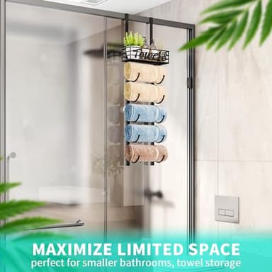 HapiRm Bathroom Towel Rack Holder - 6-Tier Over The Door & Wall Mount Rolled Towel Storage Organizer with Metal Shelf Basket for Small Bathroom, Camper, Rv - Black, Patented - Image 6