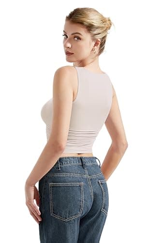 SUUKSESS Women Double Lined Sleeveless Going Out Basic Tank Tops Ruched Summer Casual T Shirts (Beige, Medium) - Image 3