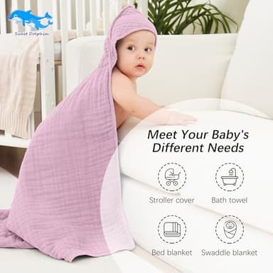 SWEET DOLPHIN Muslin Hooded Baby Bath Towels - 2 Pack 100% Cotton Towel for Babies, Infants, Toddlers - 32x32Inch - Highly Absorbent and Newborn Essential, Light Sakura - Image 5