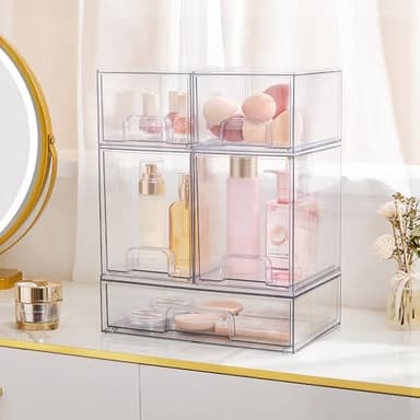 Vtopmart Stackable Storage Drawers Set of 5, Clear Plastic Organizer Bins for Beauty Supplies,Ideal for Vanity, Bathroom,Cabinet,Pantry Organization - Image 8