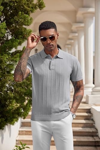 COOFANDY Polo Shirts for Men Casual Knit Polo Shirts Short Sleeve Ribbed Textured Golf Shirt Vintage V Neck Collared Shirts Striped Polos T-Shirts Light Gray - Image 7
