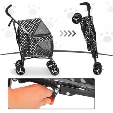 MoNiBloom 4 Wheels Pet Stroller, Easy-Fold Umbrella Shaped Dog Cat Jogger Stroller w/Storage Bag & Visible Mesh for Small/Medium Dogs Cats Black Polka Dots - Image 9