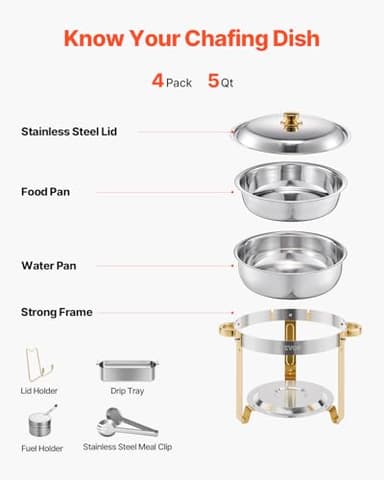 VEVOR Chafing Dish Buffet Set, 5 Qt 4 Pack, Stainless Steel Chafer with 4 Full Size Pans, Round Catering Warmer Server with Lid Water Pan Folding Stand Clip, for Weddings Parties Banquets, Gold - Image 6