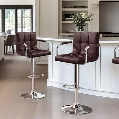 Yaheetech Bar Stools Set of 2, Adjustable PU Leather Swivel Barstools, Modern Counter Stools with Back and Footrest, Counter Height Barstools for Bar, Kitchen, Dining Room, Brown - Image 2