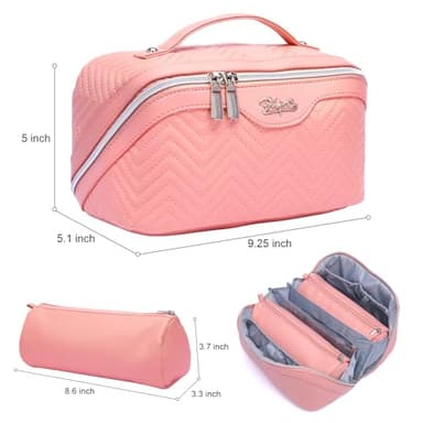 Travel Makeup Bags Cosmetic Organizer Bag: Quilted Make up Bag Set of 3 - PU Leather Toiletry Bags for Women - Portable Makeup Organizer with Compartments & Handle & Divider (14-Pink) - Image 4