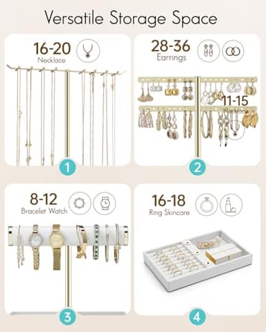 Vlando 3 Tier Jewelry Stand Organizer with Tary, Leather Jewelry Holder Display for Women, Gold Jewlery Holder Display for Necklace, Earring, Bracelet, Rings - White - Image 2