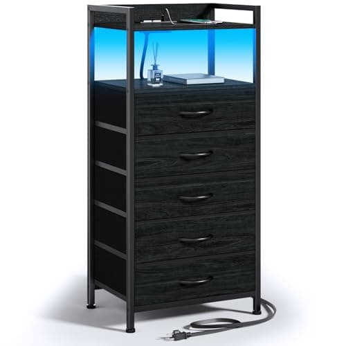 Furnulem Night Stand with Charging Station, Tall Black Dresser for Bedroom, Nightstand with Led Light, Bed Side Table for Living Room, Fabric Storage Drawer, Metal Frame, Wood Furniture - Image 1