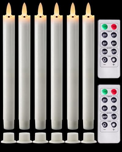Homemory Real Waxy Flameless Taper Candles with Remote Timer, LED Candlesticks Flickering, Battery Operated Candles, 9.6 Inches for Home Christmas Wedding Celebration Decor, White, Pack of 6 - Image 1